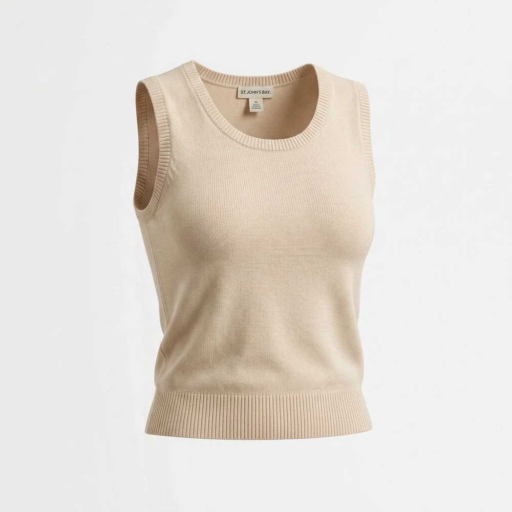 St. John Sport Knit Sweater Vest M Cream Wool Blend Quiet Luxury Minimalist Chic